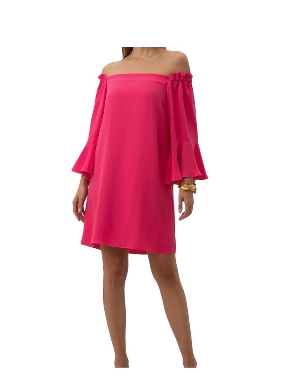 Trina Turk Hot Pink Off-Shoulder Ruffle Sleeve Shift Dress